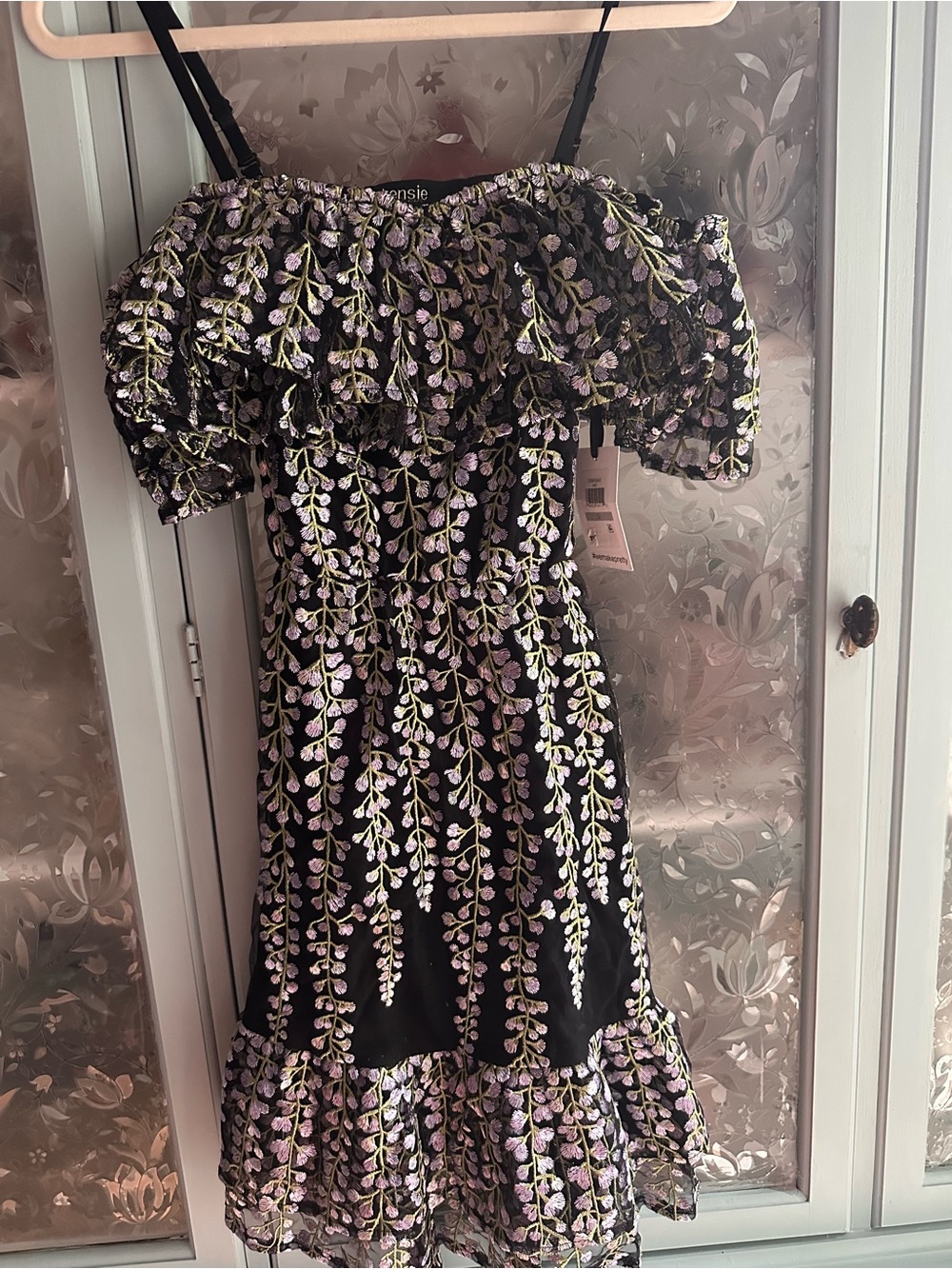 Off-Shoulder Black Floral Embroidered Dress - Lavender Accents